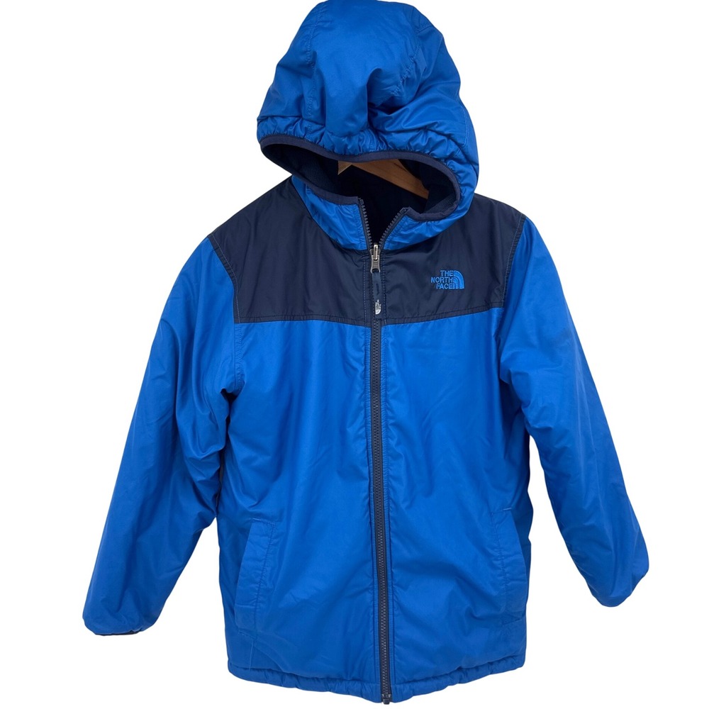 The North Face Boys 10/12 Reversible Hooded Coat Blue Navy Fleece Insulated